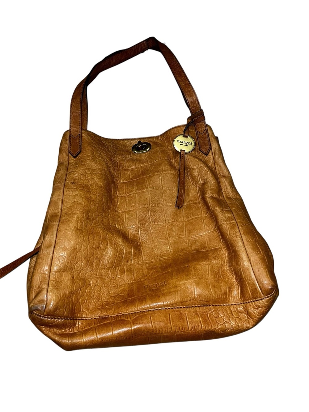 Margot Brown Croc Embossed Leather Hobo Shoulder Bag 12” x 13”